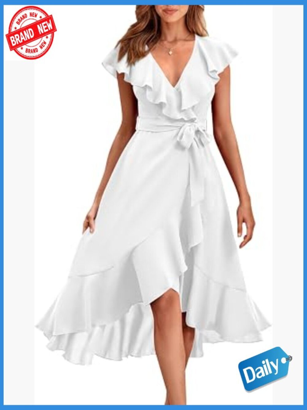 Deep V-Neck Short Sleeve Ruffle Hem Midi Dress - Size S-XXL